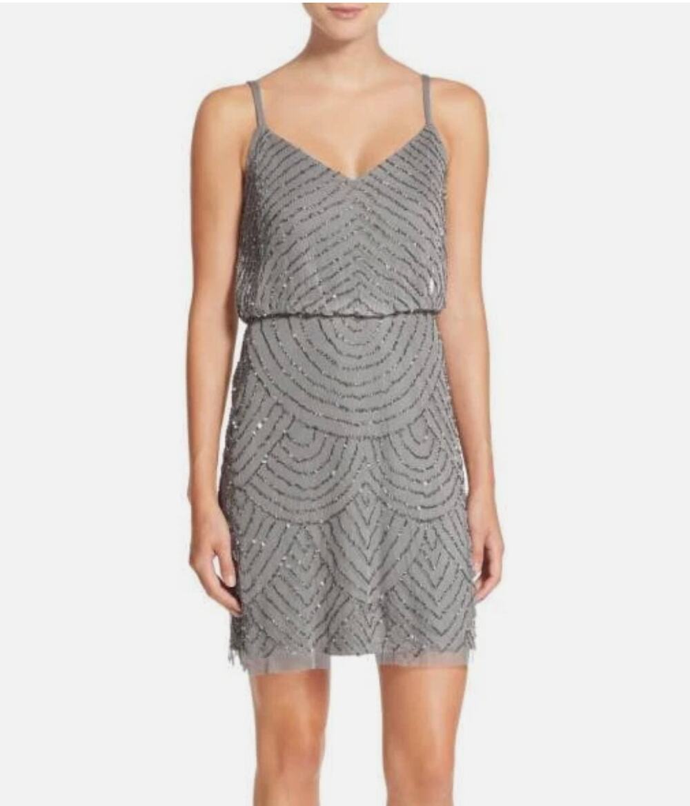 Adrianna Papell Gray Beaded Sequin Mesh Slip Dress Art Deco Mini Gatsby